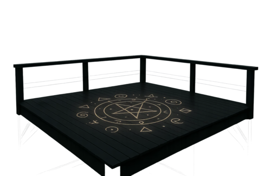 Dark square ritual deck with glowing magical star circle surrounded by runes, deck with magic symbol and transparent background