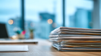 Stack of Documents on Desk: A busy office scene featuring a tall stack of papers sitting on a desk. Focus is on workload and administrative tasks.