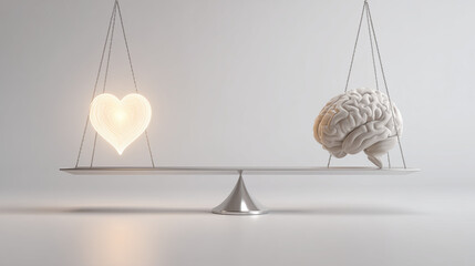 Heart and brain balance concept love versus logic emotional intelligence decision making equilibrium thought 3d