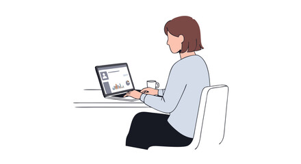 Focused professional illustration: woman analyzing charts on a laptop while seated at her workspace showcasing a modern approach to data analysis