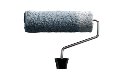 A paint roller, gray-toned,  with a metal handle, isolated on black