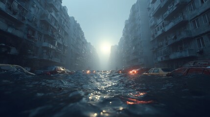 Submerged City Street At Dawn A Gloomy Urban Flood Scene