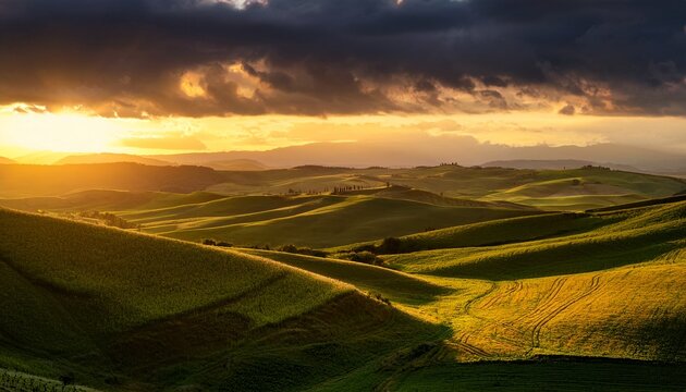 a dramatic sunset over rolling hills with golden light illuminating the clouds and landscape