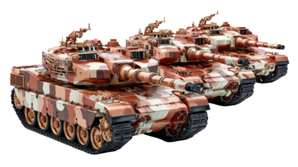 Tanks on parade: A squadron of detailed military tanks stands at attention, their camouflage blending seamlessly with a dusty battlefield, demonstrating military power and tactical prowess.