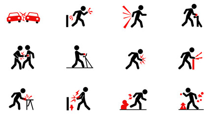 Red car crash impact symbols and warning icons.