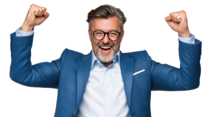 Triumphant Man Celebrating Success: A joyful man in business attire radiates success, raising his fists in a gesture of victory and achievement, embodying the spirit of triumph and accomplishment.