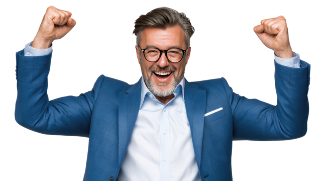 Triumphant Man Celebrating Success: A joyful man in business attire radiates success, raising his fists in a gesture of victory and achievement, embodying the spirit of triumph and accomplishment.