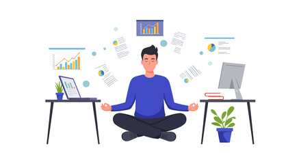 Relaxed Businessman Meditating Amidst Workload.