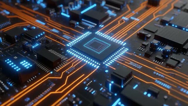 A close-up view of a futuristic microchip on a circuit board, illuminated with blue and orange lights, symbolizing advanced digital technology and connectivity.