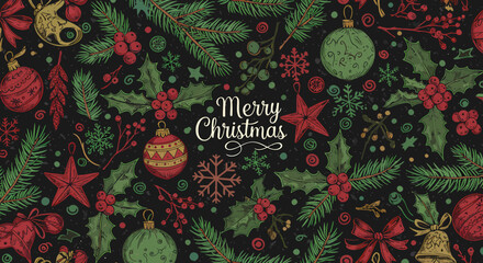 Rustic HandDrawn Christmas Pattern with Ornaments Holly Pine Snowflakes and Merry Christmas Text.