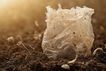 A soiled plastic bag lies half-buried in the earth, symbolizing pollution's impact on the environment.
