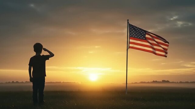Boy saluting flag at sunrise