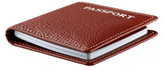 A red leather passport holder with "PASSPORT" embossed on the front and stitched edges, showcasing its texture and design.