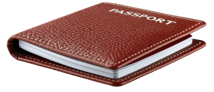 A red leather passport holder with "PASSPORT" embossed on the front and stitched edges, showcasing its texture and design.