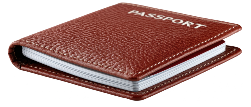 A red leather passport holder with "PASSPORT" embossed on the front and stitched edges, showcasing its texture and design.