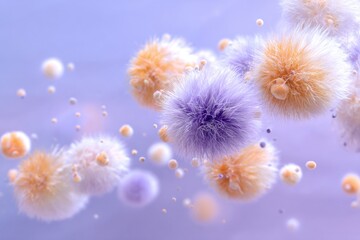 A floating, close up view of colorful, soft, fluffy, round organisms in the air against a light purple background, in the style of product photography.