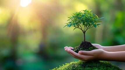 Hands holding a small tree on a green mound symbolizing environmental care set against a vibrant natural backdrop featuring sunlight and lush foliage