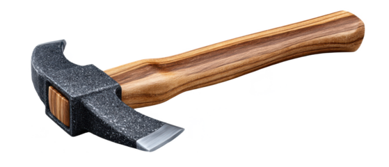 A detailed hammer with a wooden handle and a metallic head designed for various construction tasks.
