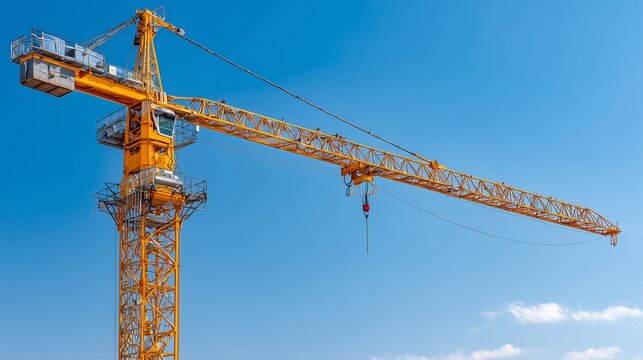 Bright yellow tower crane stands tall against a clear blue sky with long shadows, showcasing industrial construction activity during the day