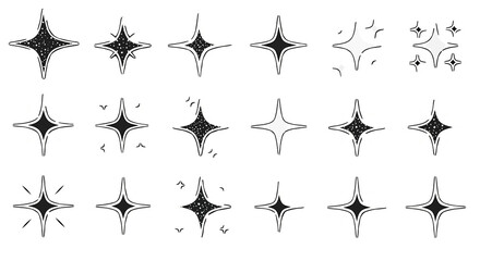 Naklejka premium Sparkling white and grey star icons set with diverse shapes textures and radiating elements.