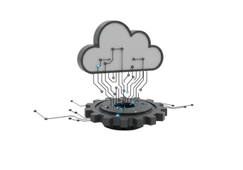 Isolated Cloud Computing Symbol Connected to a Gear with Circuitry, Representing Cloud Technology and Data Processing