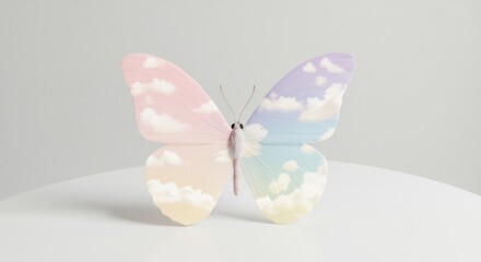 Papillon pastel nuages doux lumineux pose serene. AI Generated