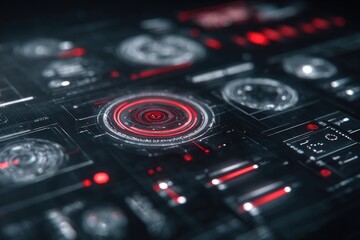 Techno minimal interface with circular HUD elements, pulses of light, and sharp digital symmetry