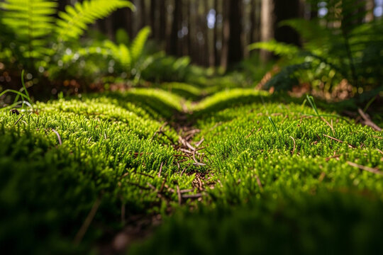 Sunlit Forest Path Covered in Moss – Peaceful Nature Scene