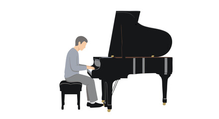 Illustration of a classical pianist performing on a grand piano with minimalistic aesthetics and grayscale color palette emphasizing artistic