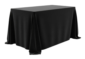 Rectangular table draped with plain black fabric isolated on a transparent background