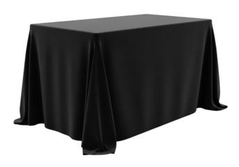 Rectangular table draped with plain black fabric isolated on a transparent background