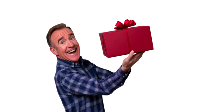 Enthusiastic man presenting a red gift box with a bow