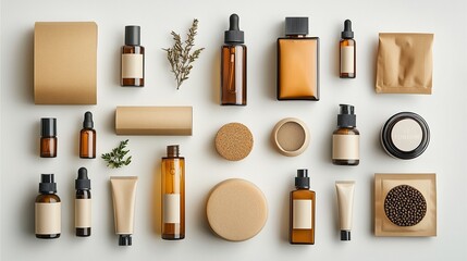 clean skincare packaging mockup on white background arranged in grid layout for e-commerce catalog visual