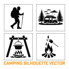 Black and White Camping Silhouette Vector Collection