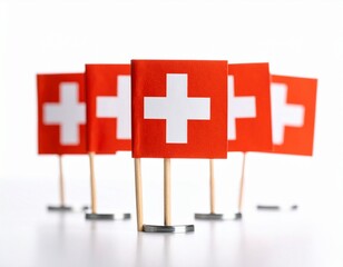 Miniature Swiss Flags on Wooden Sticks – Layered Red and White Display on White Surface