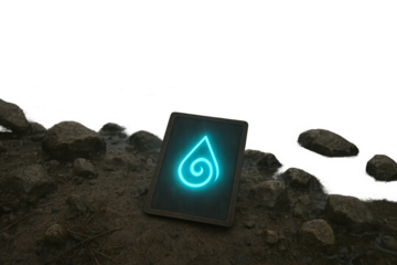 Magical card with spiral water rune glowing on rocks deck with magic symbol and transparent background