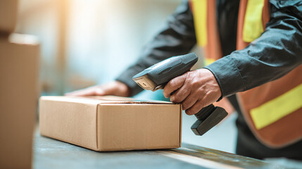 Scanning boxes with a handheld scanner. The worker wears a protective vest and black shirt. A beam of light streams in through the warehouse