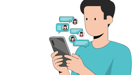 Illustration of a Man Engaging in Online Conversations via Mobile Device Showing Connection to Social Circles