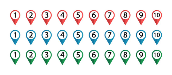 Colorful Location pin icons with number. Editable Vector GPS Markers in Black, Red, Blue and Green for Navigation, Infographics