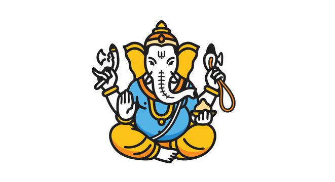 Vibrant depiction of Lord Ganesha in a simple cartoon style seated in a serene pose against a clean backdrop