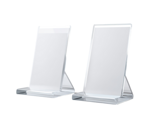 Two clear acrylic phone stands, angled and positioned side-by-side