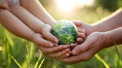 Hands of family holding small earth globe with green field and sunlight in background