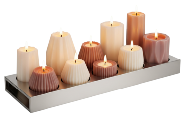 Nine burning candles arranged on a silver tray isolated on transparent background