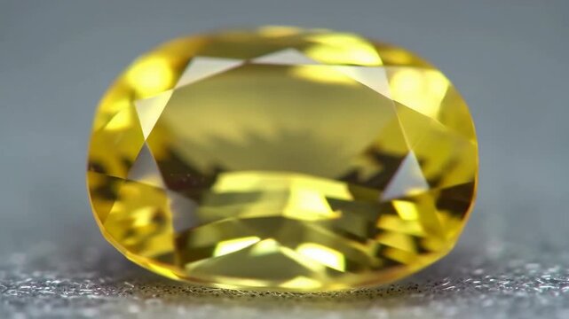 Yellow gemstone with facet cut on gray background