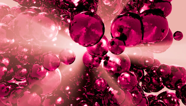 Abstract shiny ruby crystal spheres with light rays and reflections