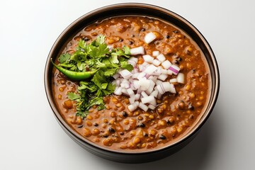 A bowl of delicious dal makhani, garnished with cilantro, onions, and green chili.