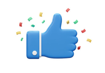 Isolated 3D Rendered Blue Thumbs Up Hand Gesture with Colorful Confetti