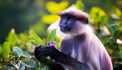 Obraz premium purple faced langur semnopithecus vetulus also purple faced leaf monkey old world monkey that endemic to sri lanka long tailed arboreal monkey eating leafs and blossoms in the jungle