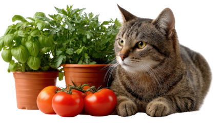 Cat's Kitchen Garden: A domestic cat, surrounded by vibrant potted plants and fresh tomatoes, epitomizes the joys of home gardening.