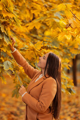 Beautiful happy young girl in brown coat in autumn park. autumn day. fall season. fall